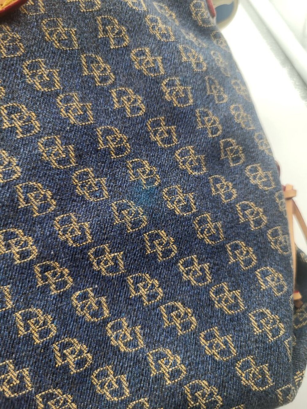 Dooney & Bourke Blue Denim Logo Brocade Shoulder Bag Brown Leather Red Interior - Picture 10 of 13
